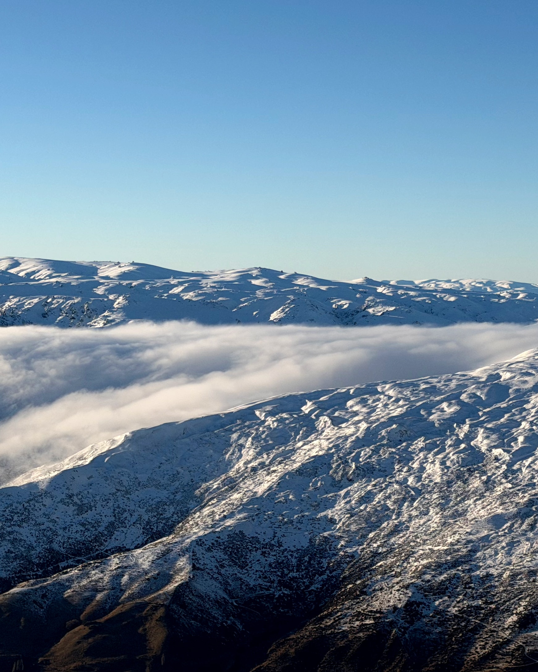 Snow-covered mountain range above rolling cloud representing long-term perspective and opportunity.